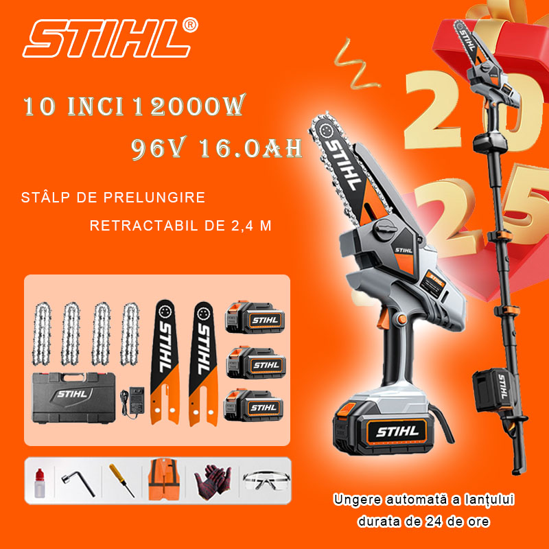 Ferăstrău electric cu litiu fără perii de 10 inchi, putere 12000W, baterie 96V 16Ah * 3, încărcător, stâlp de extensie telescopic de 2,4 m, șină de ghidare * 2, lanț * 4, cutie de scule, lubrifiant și ochelari, garanție cinci ani