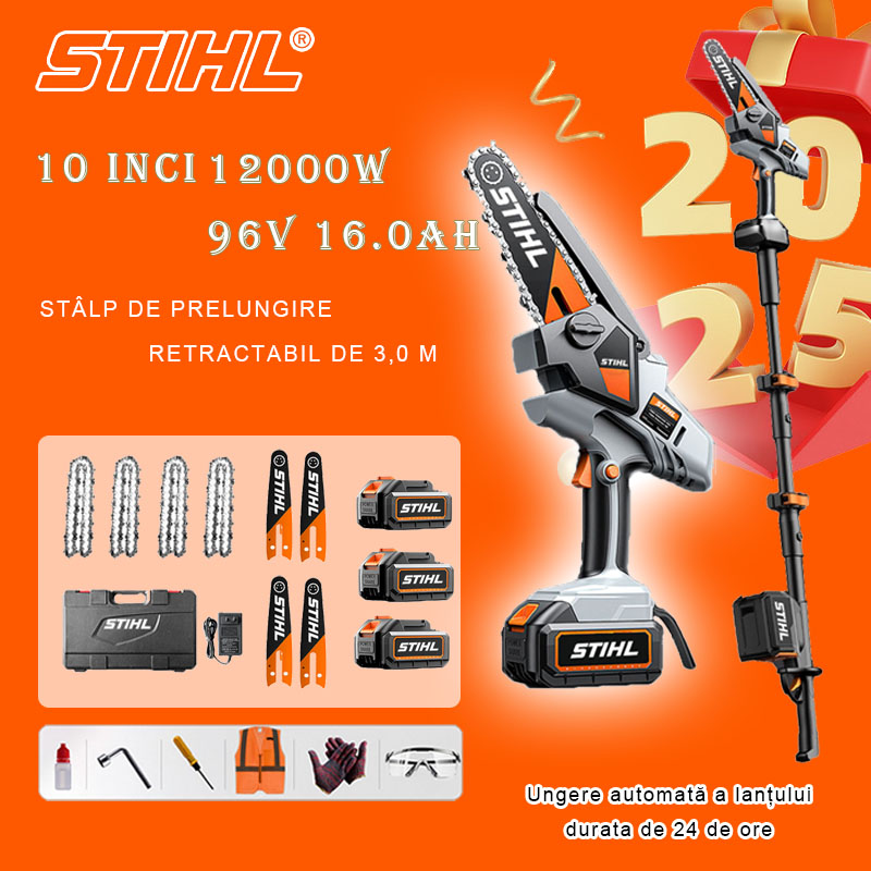 Ferăstrău electric cu litiu fără perii de 10 inchi, putere 12000W, baterie 96V 16Ah * 3, încărcător, stâlp de extensie telescopic de 3 m * 1, șină de ghidare * 2, lanț * 4, cutie de scule, lubrifiant și ochelari, garanție cinci ani